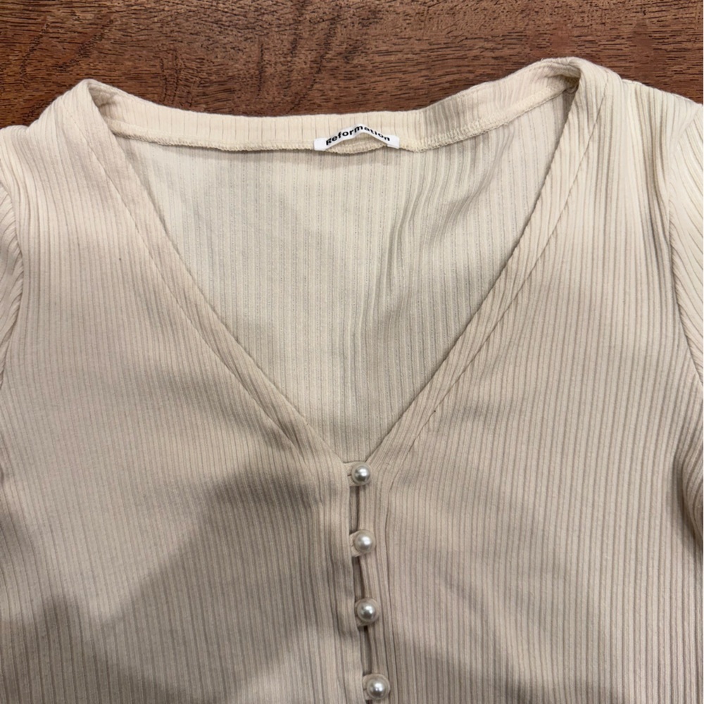 Reformation Gellar Knit Top Cream with Pearl Buttons - Picture 3 of 6